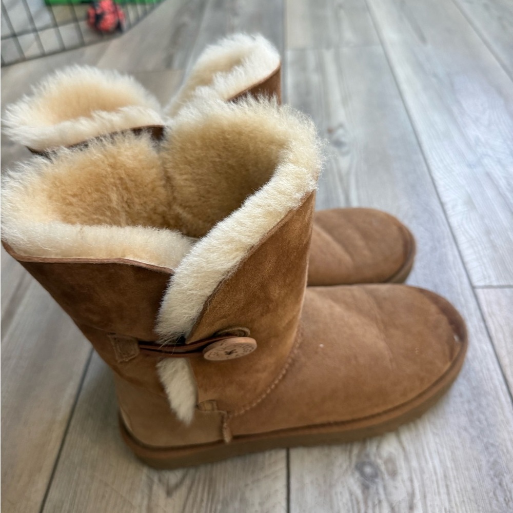 UGG Chestnut Suede Short Shearling Boots with Button Accent